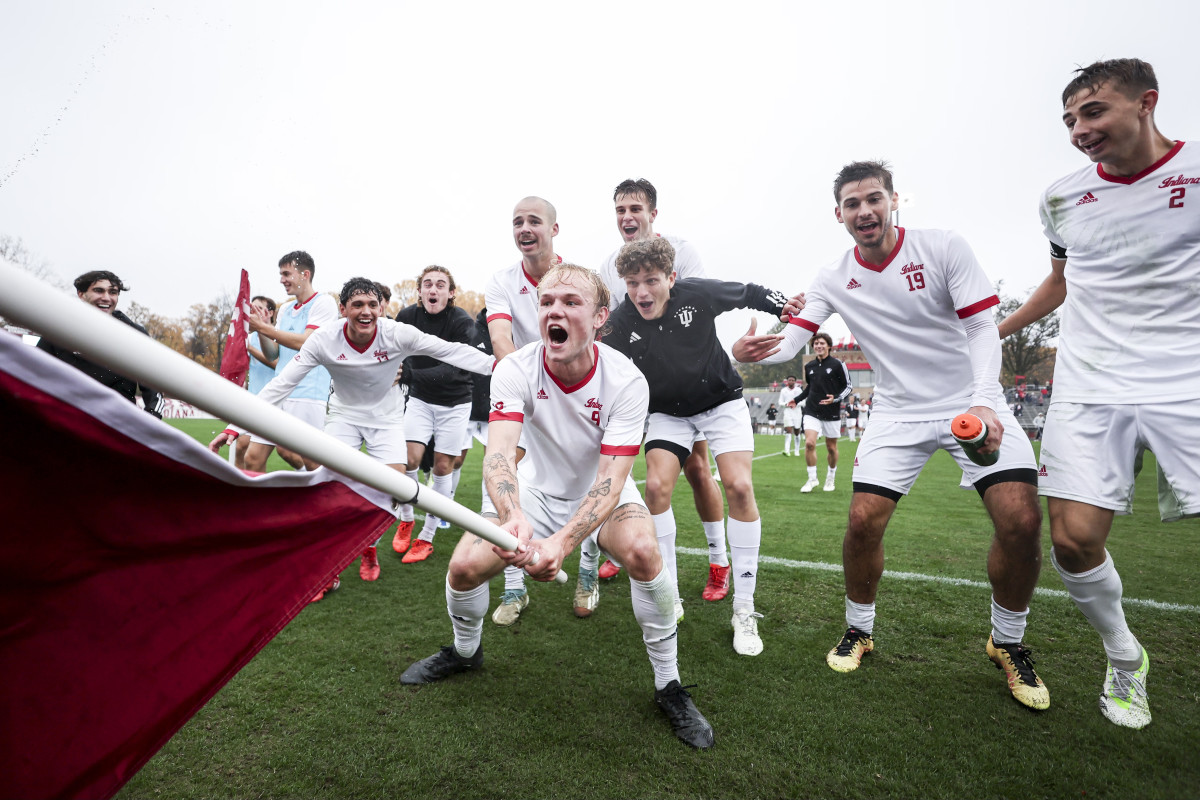 Oct. 29, 2023. Indiana junior forward Samuel Sarver celebrates with teammates in front of the Hoosier Army. The Hoosiers beat Rutgers 4-1 Sunday and won a share of the Big Ten regular-season title (IU Athletics). 